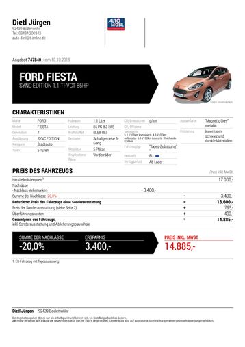 Automobil Jürgen Dietl - FORD FIESTA SYNC EDITION 1.1 TI-VCT 85HP 