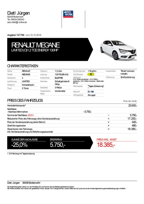 Automobil Jürgen Dietl - RENAULT MEGANE LIMITED(O)1.2 TCEENERGY130HP 