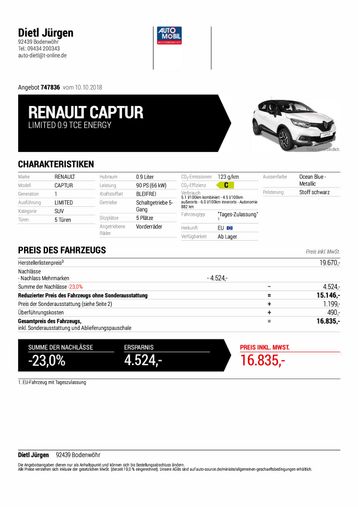 Automobil Jürgen Dietl - REANULT CAPTUR LIMITED 0.9 TCE ENERGY