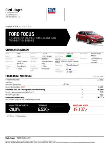 Automobil Jürgen Dietl - FORD FOCUS TREND EDITION BUSINESS 1.0 ECOBOOST 125HP TREND EDITION BUSINES 